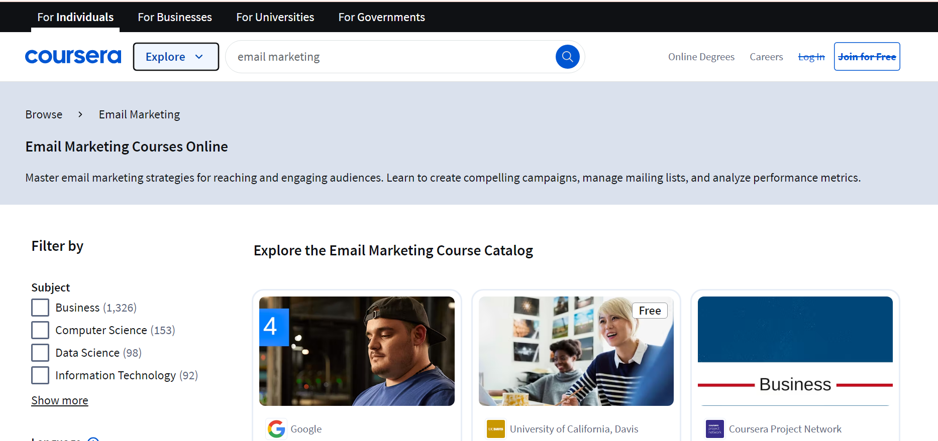 Coursera E-mail Marketing Course Landing Page