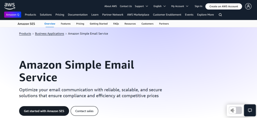 AWS SES home page