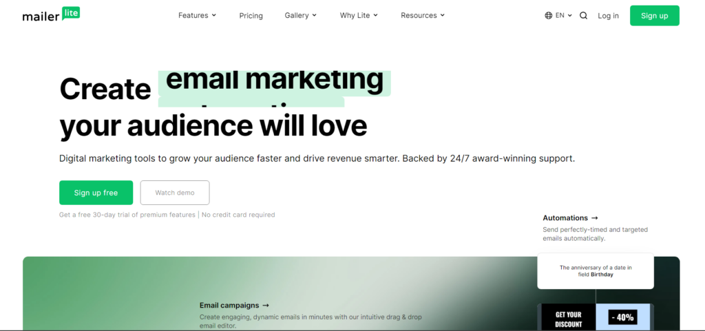 MailerLite home page.